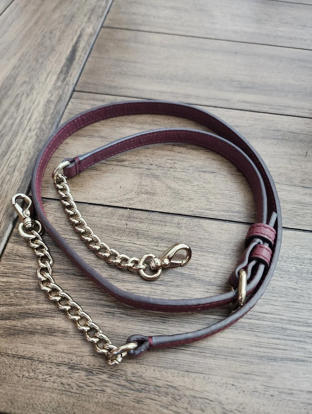 Burgundy Leather Crossbody Strap with Gold Chain 44in Longest